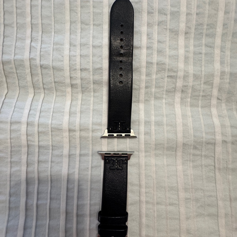 Tory Burch Black Leather Apple Watch Band with Silver Buckle